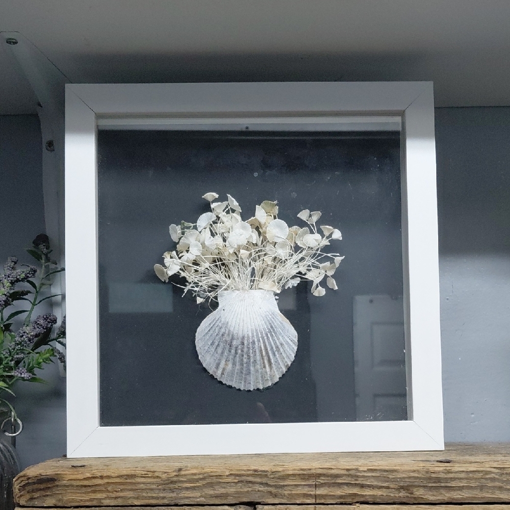 Handmade White Framed Seashell Art with Dried Sea Flowers